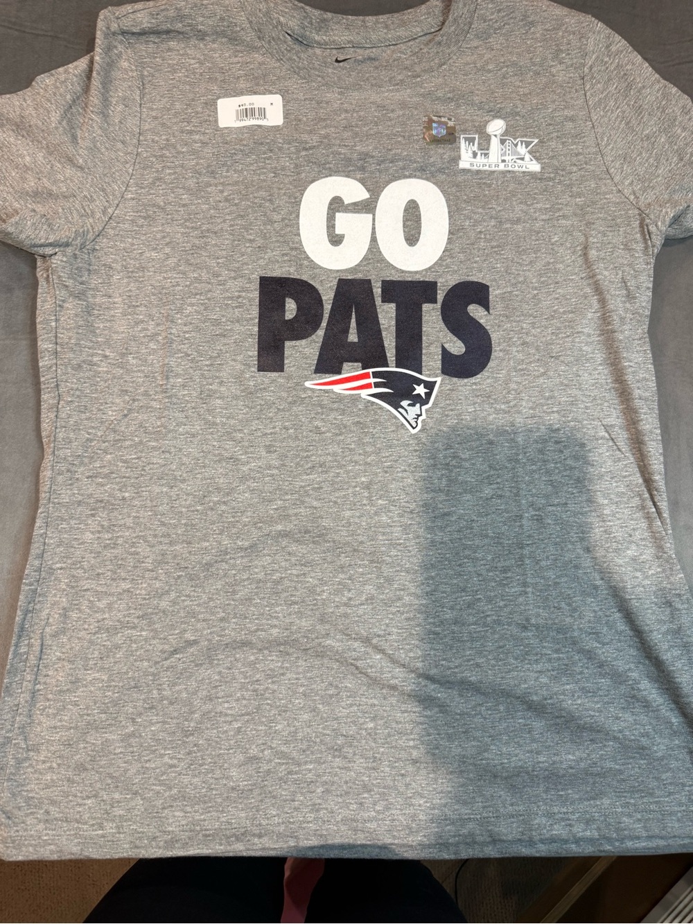 Nike Gray 'Go Pats' Short Sleeve Tee with Patriots Logo and Super Bowl Patch